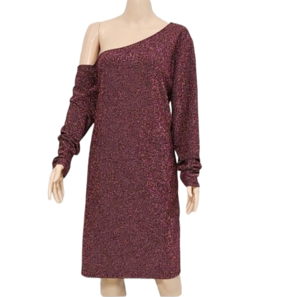 LOVE J METALLIC ONE SHOULDER DRESS SZ 2X PINK‎